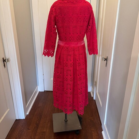 Lace Midi Dress With Velvet Bow Belt By Dainty Jewells - Womens M - Bright Pink - Picture 9 of 16